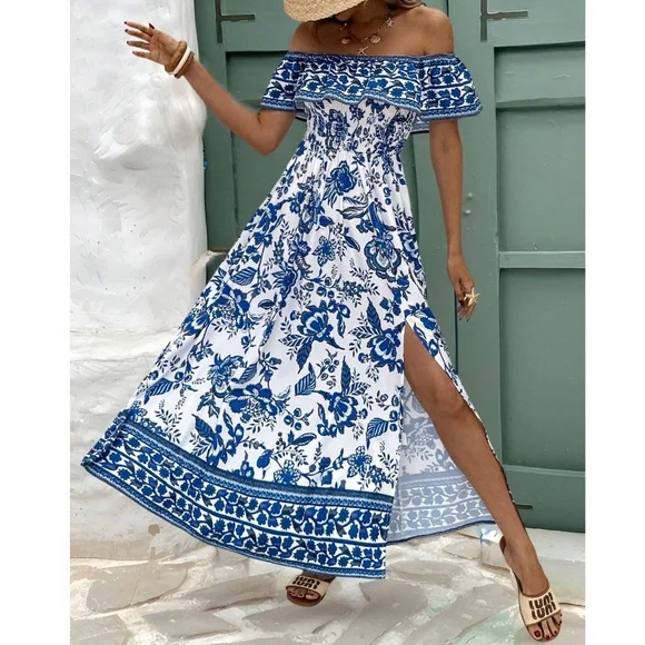 Boho Floral Print Ruffle Off Shoulder Split Thigh Maxi Dress - Picture 3 of 7